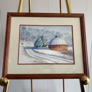 Water color painting of farm building in country with snow by Steve Shonk