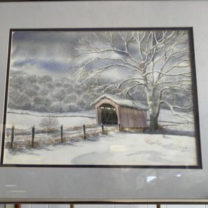 watercolor painting of bridge over river in winter by Steve Shonk