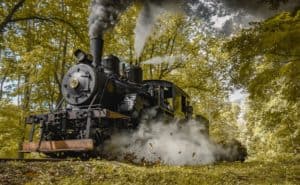 Image of black steam train in the fall