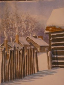 Watercolor painting of Schoenbrunn village in winter by Steve Shonk