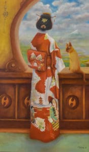 ed steffeck painting of lady in kimono looking outside with cat next to her