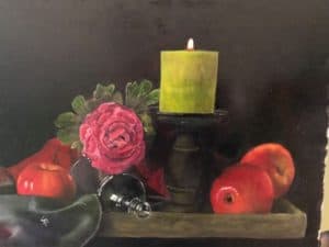 sueanne crawford painting of green candle on stand, red apples, and pink flower