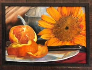 sueanne crawford painting of orange on plate and sunflower