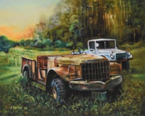 ed steffeck painting of two old trucks in grassy area