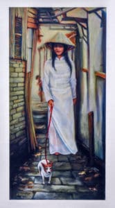 ed steffeck painting of lady standing on stone walkway walking small dog