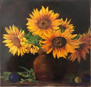 sueanne crawford painting of sunflowers in vase