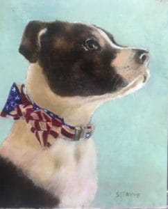 sueanne crawford painting of dog with american flag bowtie collar