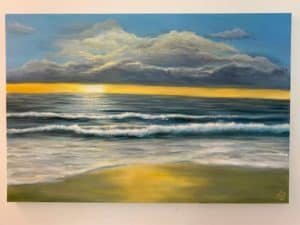 Landscape painting of beach at sunset by Ashley Byrom