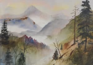 Water color painting of a mountain scene by Larry Curr