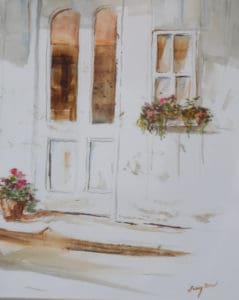 Water color painting of a white house door with pink flowers by Larry Curr