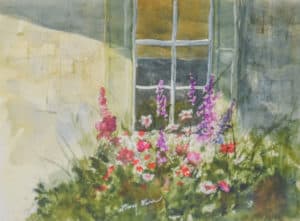 Water color painting of a house window with colorful flowers in front by Larry Curr