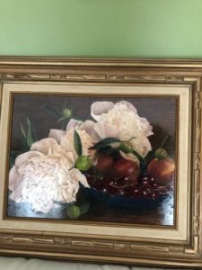 painting of white flowers, cherries and apples