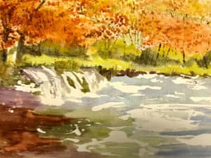 Fall river and woodland watercolor painting by Ed Paradise