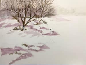 Snowy landscape watercolor painting by Ed Paradise