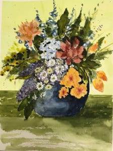 Watercolor painting of colorful flower arrangement in blue vase by Ed Paradise