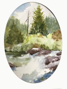 River and woods watercolor painting by Ed Paradise