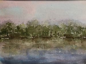 River and woods watercolor painting by Ed Paradise
