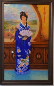 ed steffeck painting of asian lady in kimono holding fan with cat rubbing against her arm