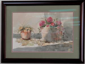 yellow flowers in pot and pink flowers in barrel watercolor painting by Ed Paradise