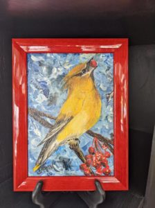 john wallace oil on canvas painting of a yellow bird with red berry in its mouth