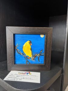 john wallace oil on canvas painting of a yellow bird sitting on a branch