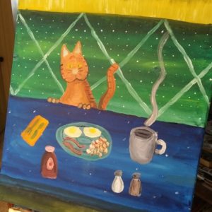 Patrick Conidi painting of cat at the breakfast table