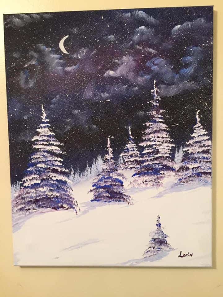 Painting of snowy woods at night