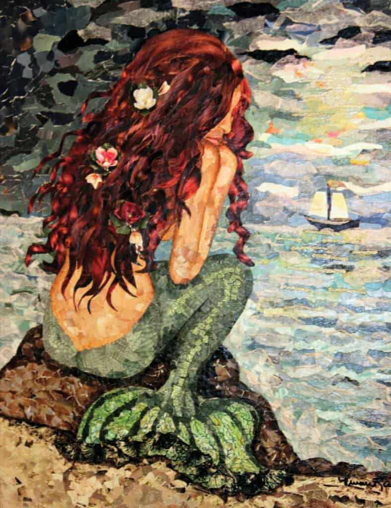 painting of mermaid looking out at sea up close by Vivian Mosley