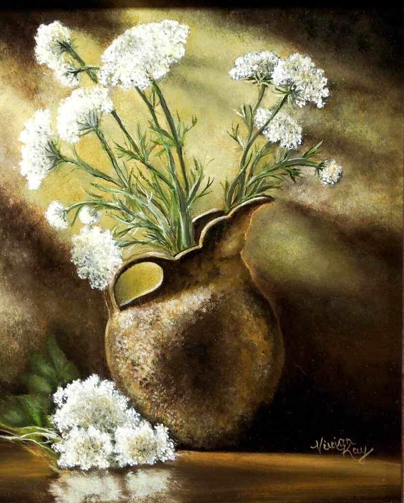Painting of white flowers in vase by Vivian Mosley